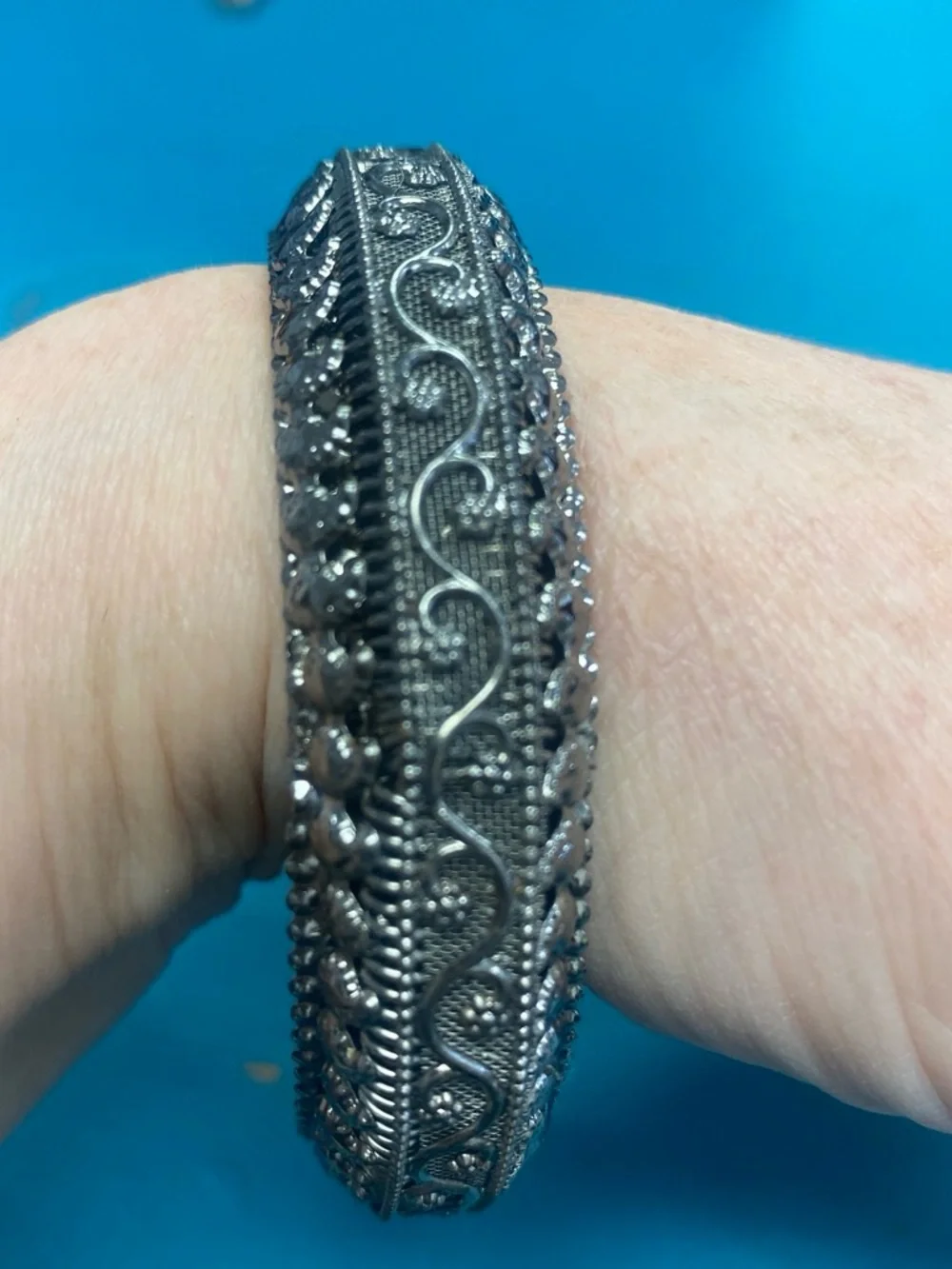 Intricate Filigree Silver-Tone Bangle Bracelet